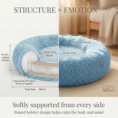 Calming Donut Dogs Beds for Small Dogs Washable,28inch Plush Round Pet Bed for Cozy Sleep,Fluffy Faux Fur Large Cat Bed,Fits up to 30 lbs Pets,Washed Blue