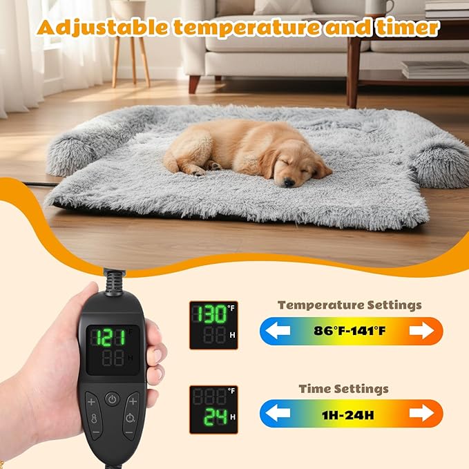 Heated Dog Couch Bed for Medium Size Dog Adjustable Temperature & Timer 35 x 31 x 6 in Calming Plush Fur Pet Bed Couch Cover with Electric Heating Pad Fluffy Plush Sofa Mat for Medium Small Dogs Cats