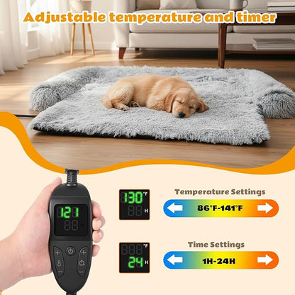 Heated Dog Couch Bed for Large Size Dog Adjustable Temperature & Timer 45 x 37 x 6 in Calming Plush Fur Pet Bed Couch Cover with Electric Heating Pad Fluffy Plush Sofa Mat for Large Medium Dogs Cats