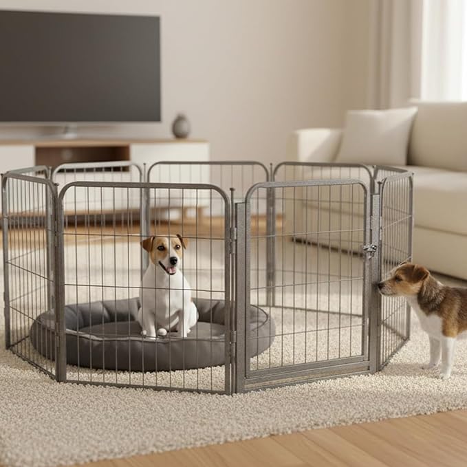 Dog Playpen - 32 inch, 8 Panel Portable Grey Metal Pet Play Pen for Small and Medium Dogs - Indoor/Outdoor Kennel Cage | Anti-Rust Tool Free Setup for Home, Yard, RV, or Camping