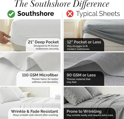 Southshore Fine Living, Inc. 21-Inch Extra Deep Pocket Queen Sheets, 6 Piece White Queen Sheet Set with 4 Pillow Cases, Hotel Quality Microfiber Pet Hair Resistant Bedding, Bright White Sheets