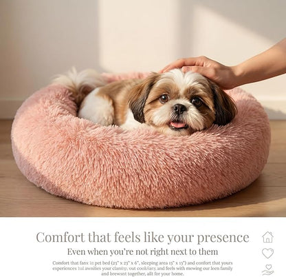Calming Donut Dogs Beds for Small Dogs Washable,23inch Plush Round Pet Bed for Cozy Sleep,Fluffy Faux Fur Large Cat Bed,Fits up to 25 lbs Pets,Pink