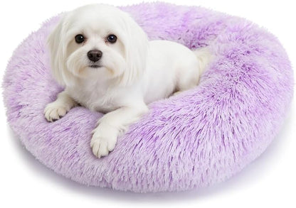 Calming Donut Dogs Beds for Small Dogs Washable,23inch Plush Round Pet Bed for Cozy Sleep,Fluffy Faux Fur Large Cat Bed,Fits up to 25 lbs Pets,Gradient Purple