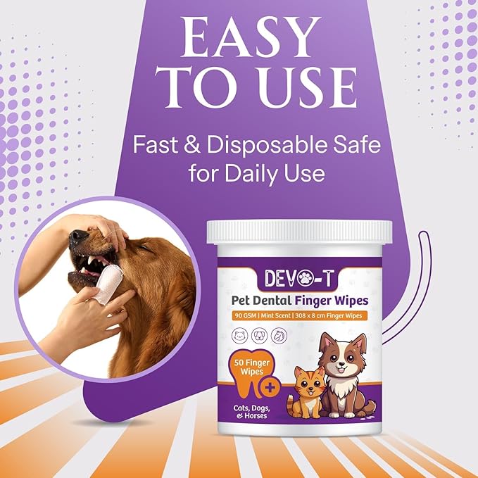 DEVO-T 100% Natural Dog Teeth Cleaning Wipes Mint Scented | 50 Count | Pet Teeth Cleaning Finger Wipes for Dogs, Cats & Horses | Remove Bad Breath, Plaque & Tartar Buildup | Dog Dental Wipes Finger