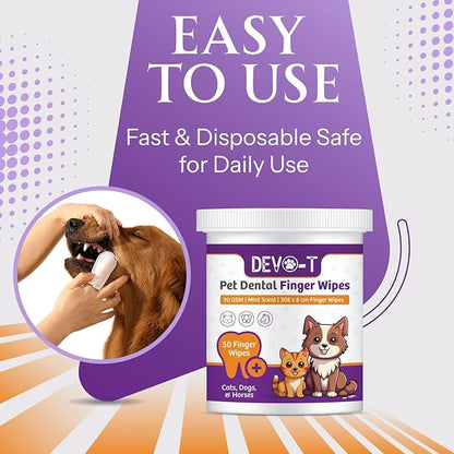 DEVO-T 100% Natural Dog Teeth Cleaning Wipes Mint Scented | 50 Count | Pet Teeth Cleaning Finger Wipes for Dogs, Cats & Horses | Remove Bad Breath, Plaque & Tartar Buildup | Dog Dental Wipes Finger