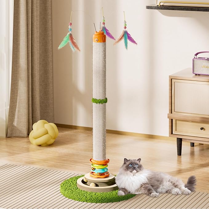 YARUOMY Cat Scratching Post，40'' Tall Cat Scratcher Tree Cat Toys for Indoor Cats with Cat Toys 4-Tier Roller Track，Automatically Rotating cat Teaser Wand，Hanging Balls for Kittens Adults Cats