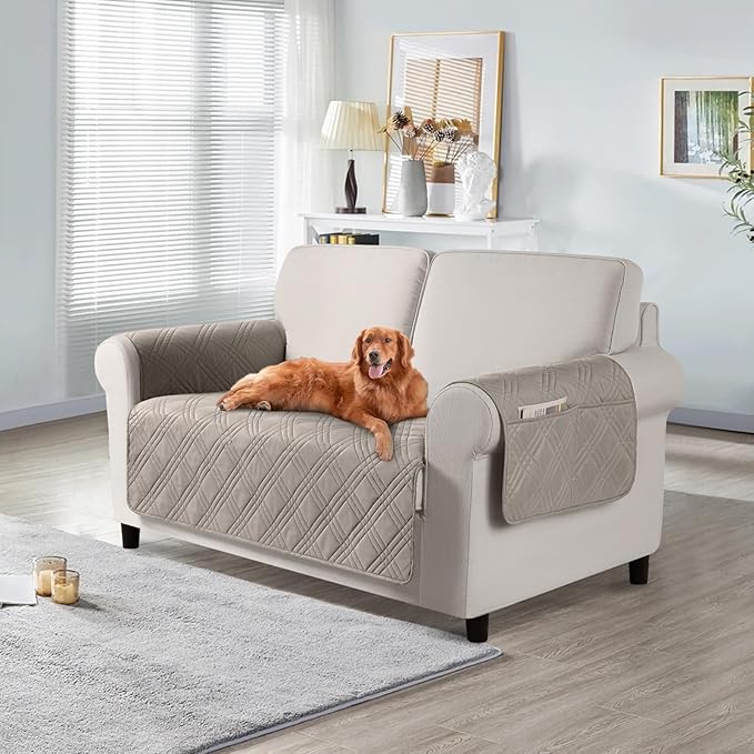 TAOCOCO Waterproof Loveseat Covers for Pets Dogs with Non Slip Backing, Sofa Seat Covers with Side Pocket for 2 Cushion Couch Washable Dog Couch Cover Protector Sofa Slipcovers(Loveseat, Light Brown)