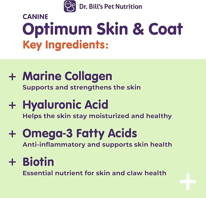 Dr. Bill's Canine Optimum Skin & Coat – Reduces Shedding, Itching, Dry Skin – Allergy Relief for Healthy Fur - Omega 3, Collagen, Biotin & Hyaluronic Acid – 340g Vet-Recommended Dog Supplement