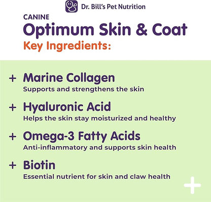 Dr. Bill's Canine Optimum Skin & Coat – Reduces Shedding, Itching, Dry Skin – Allergy Relief for Healthy Fur - Omega 3, Collagen, Biotin & Hyaluronic Acid – 340g Vet-Recommended Dog Supplement