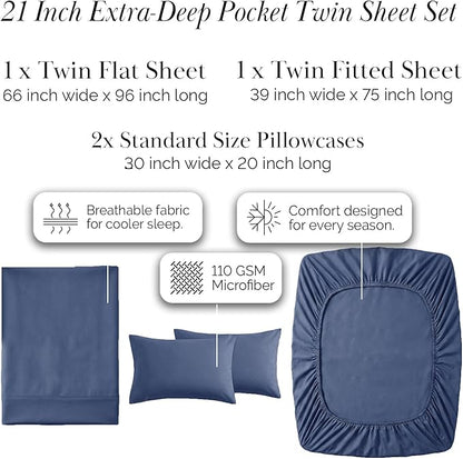 Southshore Fine Living, Inc. 21-Inch Deep Pocket Twin Sheet Set, 4-Piece Microfiber Sheets Twin Size Bed Set, Extra Deep Pocket Fitted Sheet, Dark Blue Pillow Cases Standard Size, Dark Blue Sheets