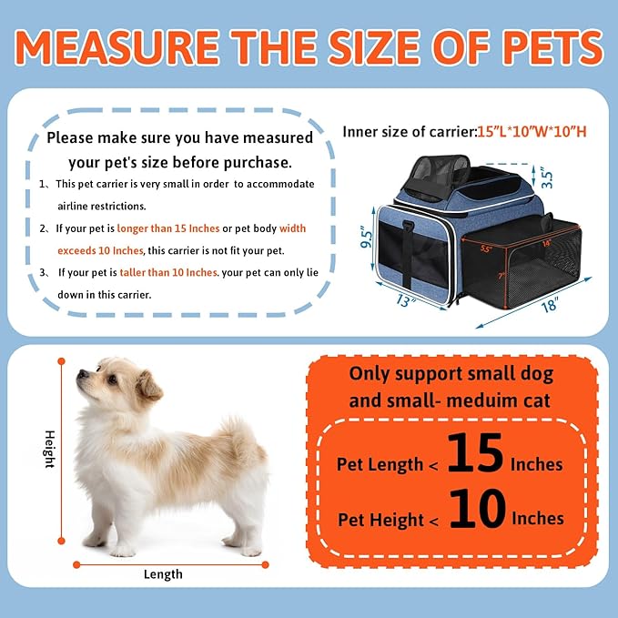 Petskd Top and Side Expandable Pet Carrier 18x13x9.5 Inches Southwest Airline Approved, Soft-Sided Carrier for Small Cats and Dogs with Locking Safety Zippers and Anti-Scratch Mesh(Blue)