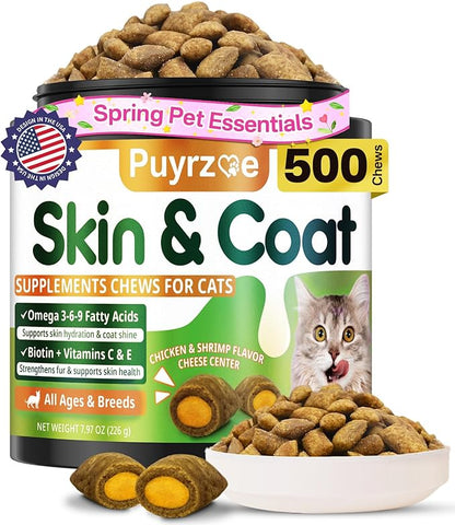 Puyrzoe Cat Skin and Coat Health - 500 Chews Crunchy & Creamy Cheese Core with Omega 3/6/9, Vitamins C & E, Biotin for Skin Hydration & Coat Shine Supplement for Cats Kittens - Chicken & Shrimp Flavor