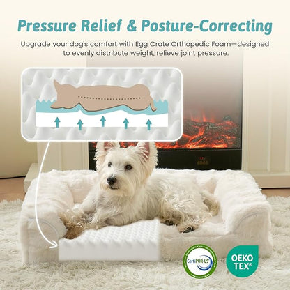 COZY KISS Faux Rabbit Fur Orthopedic Dog Bed, Dog Bed for Large Size, Supportive Foam Pet Sofa with Waterproof Lining Cover, Washable U-Shaped Pet Couch with Anti-Slip Bottom, Beige L 36x27x6.5 inch