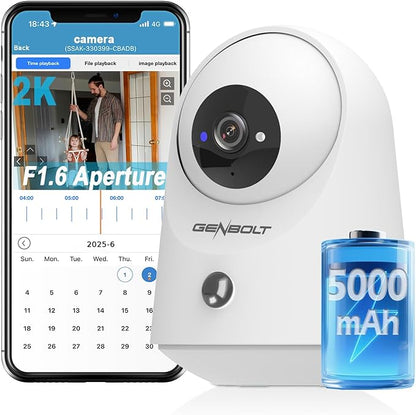 GENBOLT 2K WiFi Indoor House Security Camera Wireless, Pan Tilt Pet Camera with 5000mAh Battery Powered, IP Camera CCTV Nanny Dog Cam Baby Monitor with PIR Detection