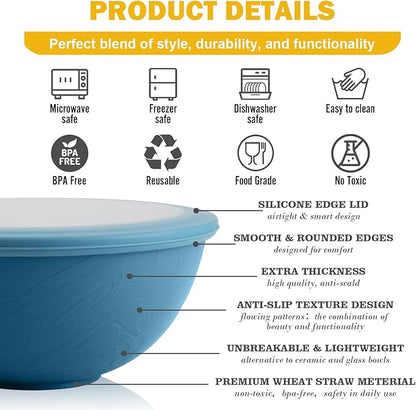 Wheat Straw Bowls Set with Lids, Unbreakable 40 OZ Cereal Bowls Set of 4, Salad Container for Lunch, Microwave & Dishwasher Safe Bowl Set for Kitchen, Picnic, RV, Camping, Multi