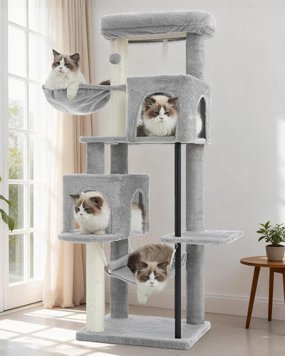 Gitelsnour 51.2'' Cat Tree Tower, Cat Tower with Scratching Post, Sturdy Steel Pube Cat Tree for Inoor Cats Large Adult, Cat Hammock and Basket, Padding Top Platform, Light Gray GCT014W