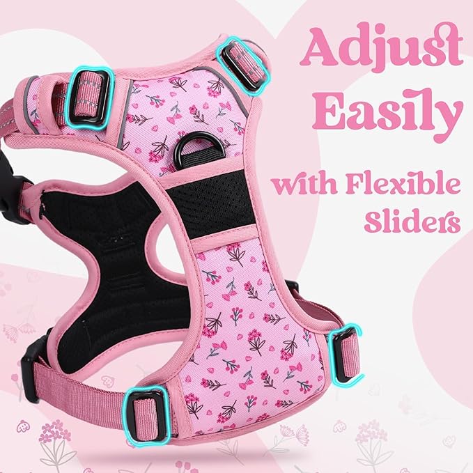 rabbitgoo Dog Harness for Large, No Pull Pet Harness with 3 Buckles, Adjustable Soft Padded Vest with Control Handle, Walking Reflective Pet Vest for Extra Large Dogs, Floral Pink, XL