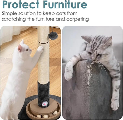 35 Inch Cat Scratching Post, Eucalyptus Sisal Rope Cat Tree Tower with Hanging Ball & Interactive Mouse Toy, Durable Scratcher for Indoor Adult Cats