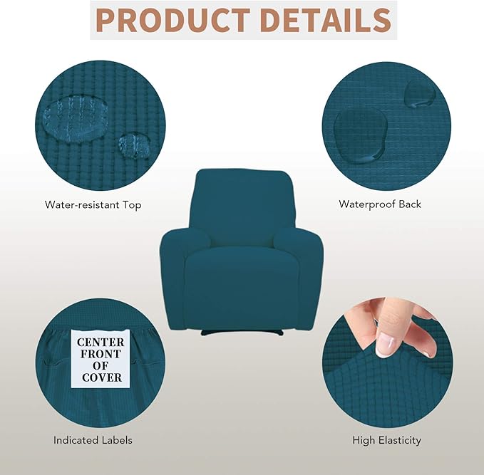 Easy-Going 100% Waterproof Recliner Cover, Dual Waterproof Couch Cover for Recliner, 1- Piece Jacquard Sofa Cover, Leakproof Sofa Slipcover for Kids, Pets, Dog and Cat (Recliner, Peacock Blue)