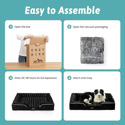 COZY KISS Orthopedic Dog Bed for Large Medium Size Dog, Soft and Warm Faux Fur Sofa for Pet Up to 75 lbs, Foam Bolster Anti-Slip Couch with Washable Removable Cover, L 36x27x6.5 inch, Black