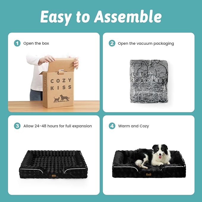 COZY KISS Orthopedic Dog Bed for Extra Large Dog, Soft and Warm Faux Fur Sofa for Giant Pet Up to 150 lbs, Foam Bolster Anti-Slip Couch with Washable Removable Cover, XXL 48x35x8 inch, Black