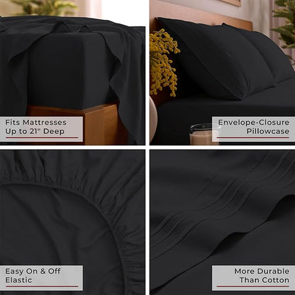Mellanni King Sheet Set - 6-Piece Iconic Collection Bedding, (Including 4 Pillowcases), 21-Inch Extra Deep Pocket, Easy Care, Ultra Soft, Cooling Sheets, Brushed Microfiber - Black