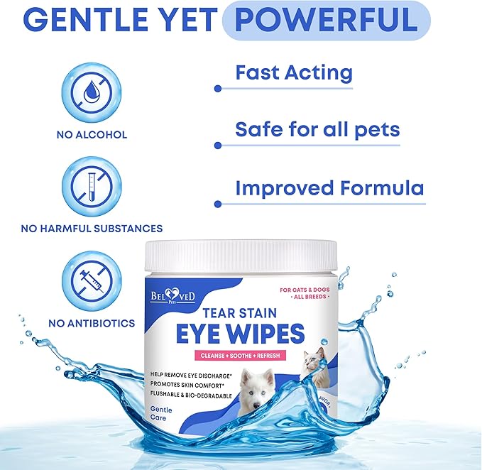Beloved Pets Cat & Dog Eye Wash Wipes & Tear Stain Remover, Cleaner | Eye Infection Treatment Helps Prevent Pink Eye, Relief Allergies Symptoms, Runny, Dry Eyes - Safe for Small Animals