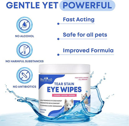 Beloved Pets Cat & Dog Eye Wash Wipes & Tear Stain Remover, Cleaner | Eye Infection Treatment Helps Prevent Pink Eye, Relief Allergies Symptoms, Runny, Dry Eyes - Safe for Small Animals