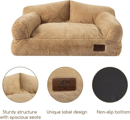Hollypet Fluffy Dog Cat Bed Pet Couch Beds Plush Soft Warming Washable Puppy Bed for Small Medium Dogs and Large Cats, Light Brown, 24" L x 18" W x 10" Th