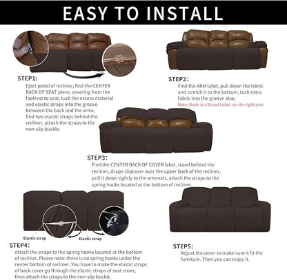 Easy-Going 100% Dual Waterproof Recliner Sofa Cover, 8-Pieces Stretch Relining Couch Cover with Pocket, Jacquard 3 Seat Sofa Slipcover Leakproof Washable (Sofa, Chocolate)