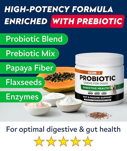 STRELLALAB Dog Probiotics for Digestive Health & Enzymes - Diarrhea, Gas, Upset Stomach Relief & Season Allergy - Pet Probiotics for Dogs- Chews for Digestion - Gut Health for Dogs (60Ct)