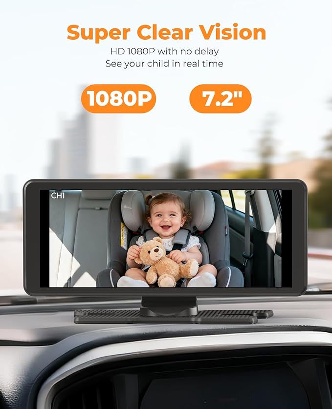 LUCKVIEW BM5PRO 7.2" 1080P HD Baby Car Camera for 2 Kids, Split Screen with IR Night Vision, Easy to Install & Adjust Brightness, Dual Car Camera Baby Monitor for Rear Seat Safety