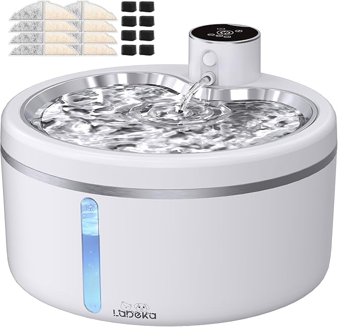 Wireless Cat Water Fountain with Stainless Steel Tray, 84oz/2.5L Pet Fountain for Cats Inside, Cat Fountain for Drinking with Motion Sensor, Ultra Quiet Pump for Pets&Small Animals (84oz+8Filters)