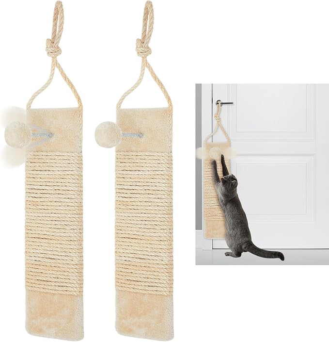 Dansydaisy 2 Pcs Cat Scratcher Door Hanging, 19.3 x 5.5inch Cat Scratching Post Wall Mounted, Natural Sisal Scratching Pad Surface with Ball Toy for Indoor Cats Kitty