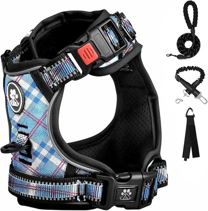 FURRYFECTION Plaid Dog Harness for Large Dogs, Reflective No Pull Adjustable Pet Vest with Front Clip, Leash, Easy Control Handle and Seat Belt, Blue&White, L