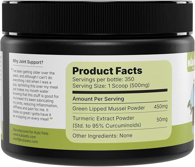 Joint Support with Green Lipped Mussel & Turmeric – Hip & Joint Supplement for Dogs & Cats, 175g (350 Servings) Kubi Pets