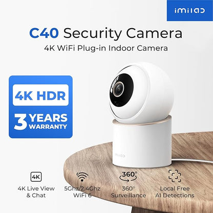 IMILAB C40 4K 8MP Indoor Security Camera, 360° Pan Tilt Pet/Baby/Kid Camera, Room Cam w/Human & Pet Tracking, Smoke Detection, Color Night Vision, 5G WiFi Plug-in Cam, Wall Mount, No Subscription