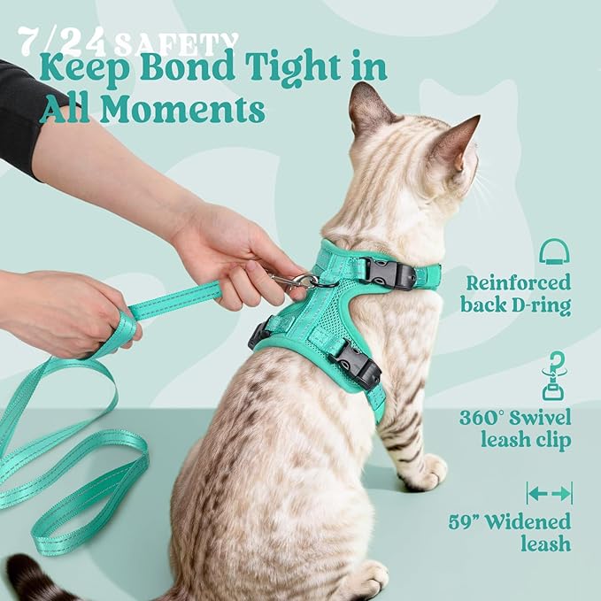 rabbitgoo Cat Harness and Leash, Escape Proof Vest with 3 Adjustable Buckles, Soft Comfortable Kitten Harness, Easy to Wear, Reflective for Safe Outdoor Walking, Medium, Green