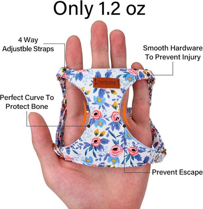 CHEDE No Pull Floral Pattern Dog Harness- Lightweight and Soft Harness, Adjustable Small Dog Harness and Leash Set, with Dog Leash, Suitable for Puppy Small and Medium-Sized Dog (XS, Blue Rose)