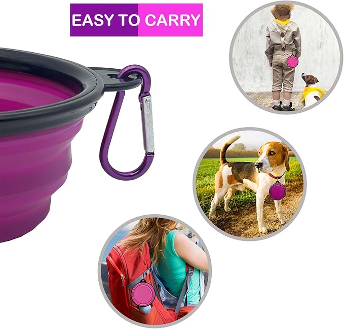 Medium Collapsible Dog Bowl 23oz,2 Pack Portable and Foldable Pet Travel Bowls with 2 Carabiners & Lids for Dogs Cats and Small Animals (Purple+Pink, 650ml)