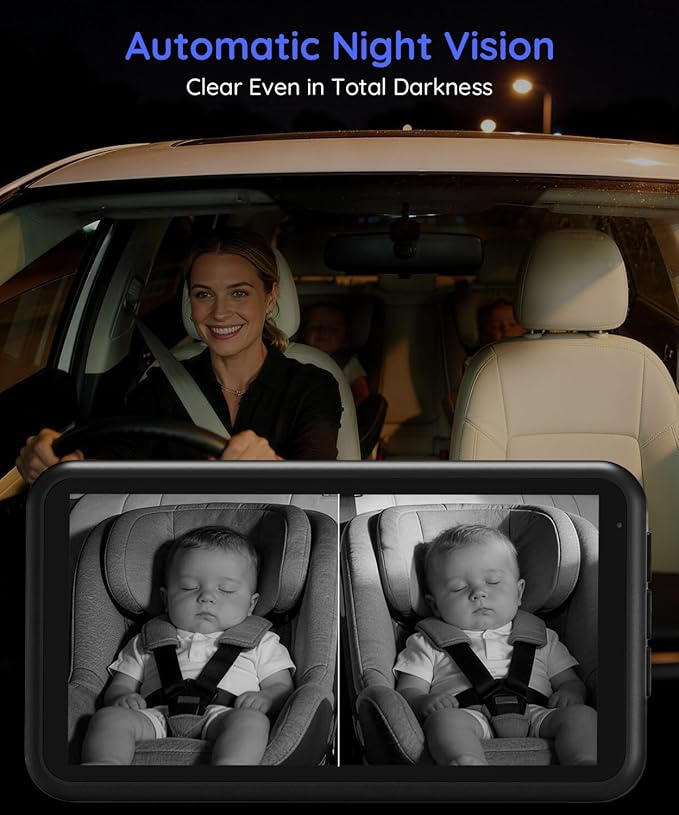 LUCKVIEW BM2 PRO Dual Baby Car Camera, 5.2" 1080P HD Display for Rear-Facing Car Seats, IR Night Vision, Anti-Shake Mount, Easy Install – Ideal for Parents with 2 Kids and Pets (Blue)