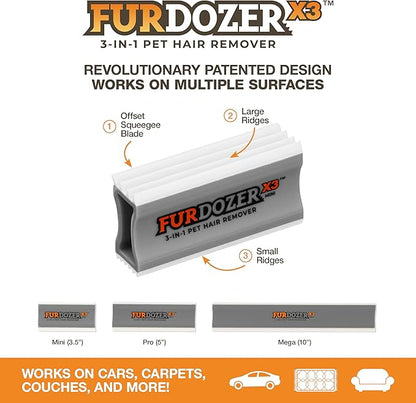 FurDozer Pet Hair Remover & Auto Detailing Tools - Cat & Dog Hair Remover for Carpets, Car Interiors, Couches, Bedding, & Pet Furniture (Gray, X3 MINI - 3.5" Long)
