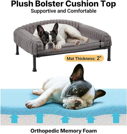 Veehoo Elevated Dog Bed with Bolster Cushion, Fluffy Plush Dog Couch Beds for Small Dogs, Cats, Washable Raised Pet Cot with Non-Slip Feet for Indoor or Patios Use, 24 x 18 Inches, Grey