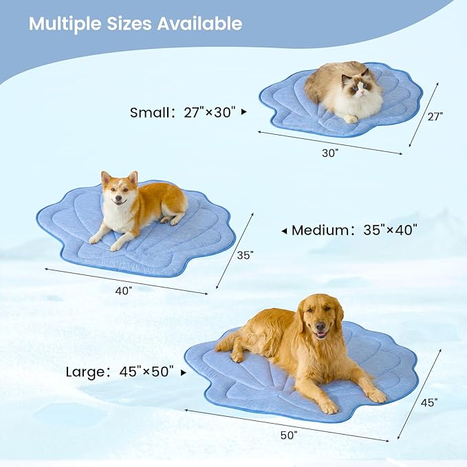 Cozy Bliss Cute Shell Shape Cooling Mat for Large Dogs, Non-Slip, Leakproof Washable Pet Cooling Mat for Hot Weather with Q-Max 0.5, Indoor and Outdoor Summer Pad, Heather Haze Blue, 45"x50"