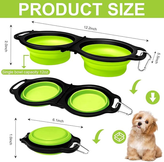 Collapsible Silicone Cat and Dog Travel Bowls,2 in 1 Foldable Pet Feeding and Watering Dish for Walking Camping Hiking with Carabiner (Green)
