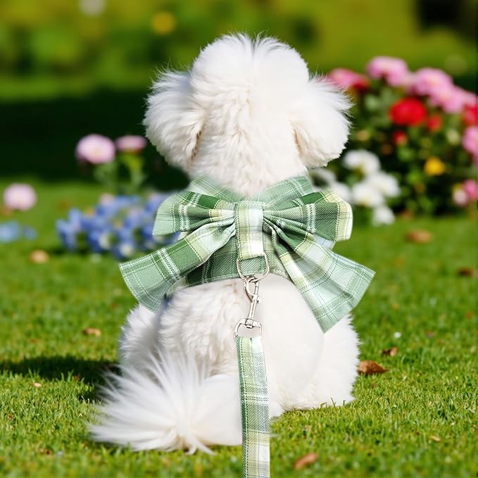 Cute Dog Harness and Leash Set with Bow Tie Soft Mesh Plaid Girl Puppy Harness No Pull Pet Cat Dog Vest Harness for Small Dogs Chihuahua Rabbit Outfit (Green,S)