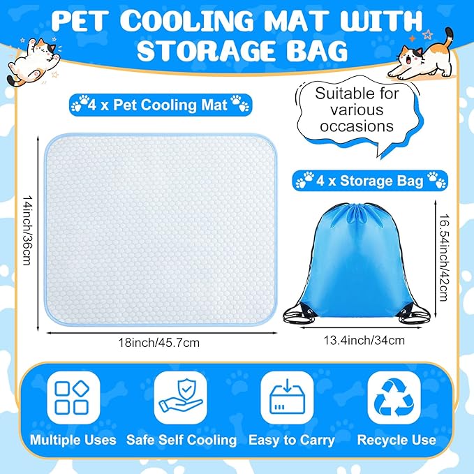 Chunful 4 Pack Dog Cooling Mat 18 x 14 Inches Pet Cooling Pads Summer Cat Self-Cooling Blanket Portable Washable Ice Silk Non-Skid Mat for Small Dogs Puppy and Cats up to 10 Lbs