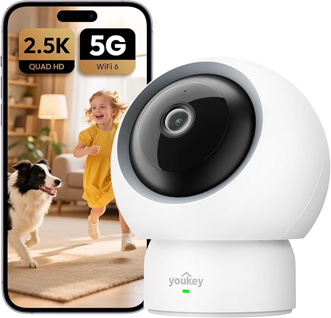 youkey 2.5K Indoor Camera, No Monthly Fees, Pan-Tilt, 360° Dog/Pet Camera for Home Security with Phone App, 5G/2.4G WiFi 6, Human/Pet/Baby Crying Detection, Auto Tracking, Two-Way Audio, Night Vision