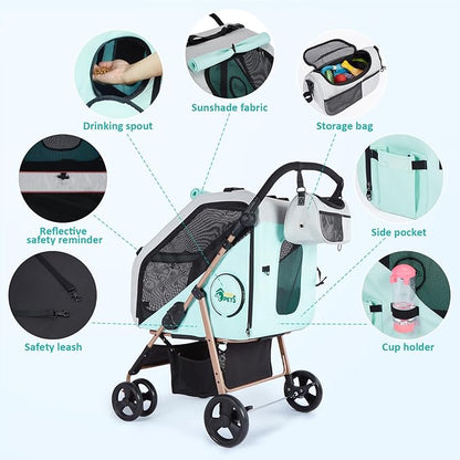 Ownpets Dog Stroller with Upgraded 4 Wheels, 3 in 1 Foldable Pet Stroller for Medium Dogs and Cats Up to 66lbs, Detachable Carrier for Car Seat, with Storage Organizer, Cup Holder