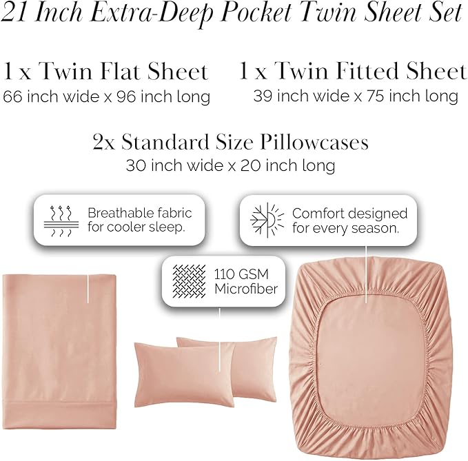Southshore Fine Living, Inc. Extra Deep Pocket Twin Sheets Set, 4-Piece Premium Microfiber Bed Sheets, Comfy Soft with 21" Deep Twin Fitted Sheet, Oversized Flat Sheet, 2 Pillowcases, Blush